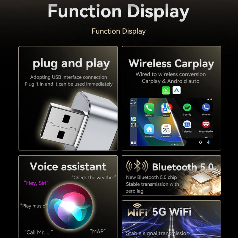 CarPlay wireless adapter wired to wireless CarPlay/Android Auto automatic plug and play, suitable for iPhone and Android