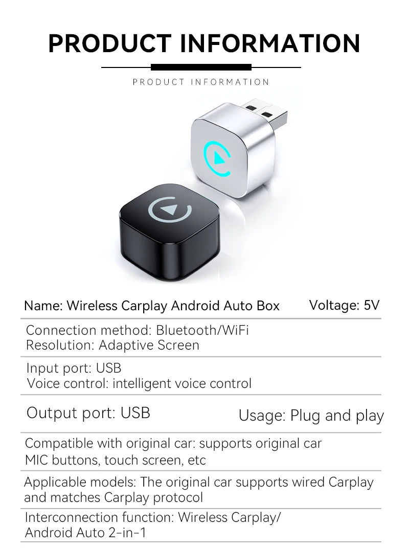 CarPlay wireless adapter wired to wireless CarPlay/Android Auto automatic plug and play, suitable for iPhone and Android