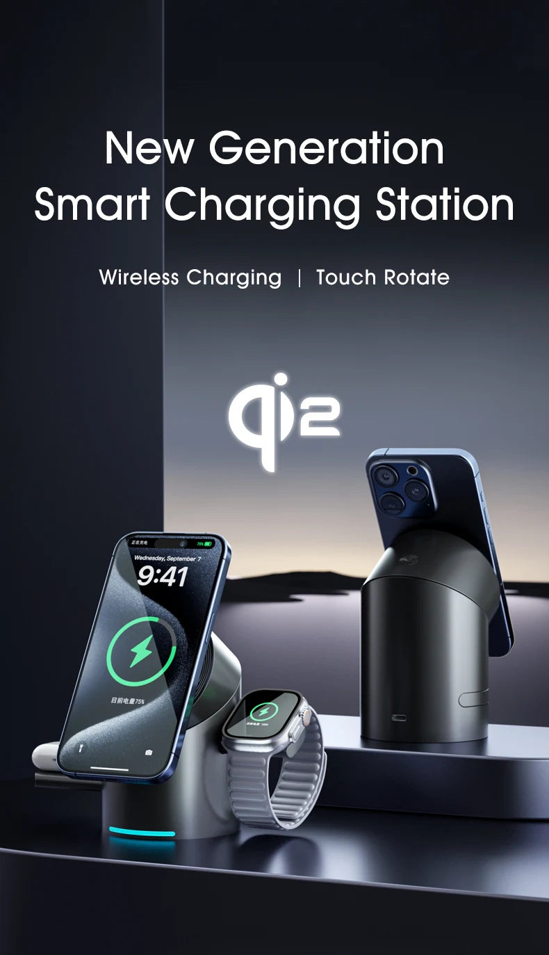 3 in 1 Wireless Charging Station for iPhone16/15/14/13/12 AirPods iWatch for Magsafe Rotation qi2 15W Fast Charging Station
