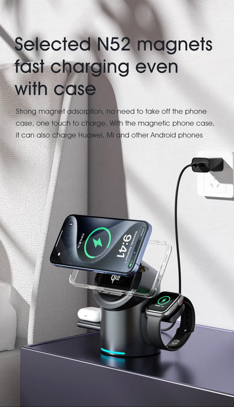 3 in 1 Wireless Charging Station for iPhone16/15/14/13/12 AirPods iWatch for Magsafe Rotation qi2 15W Fast Charging Station