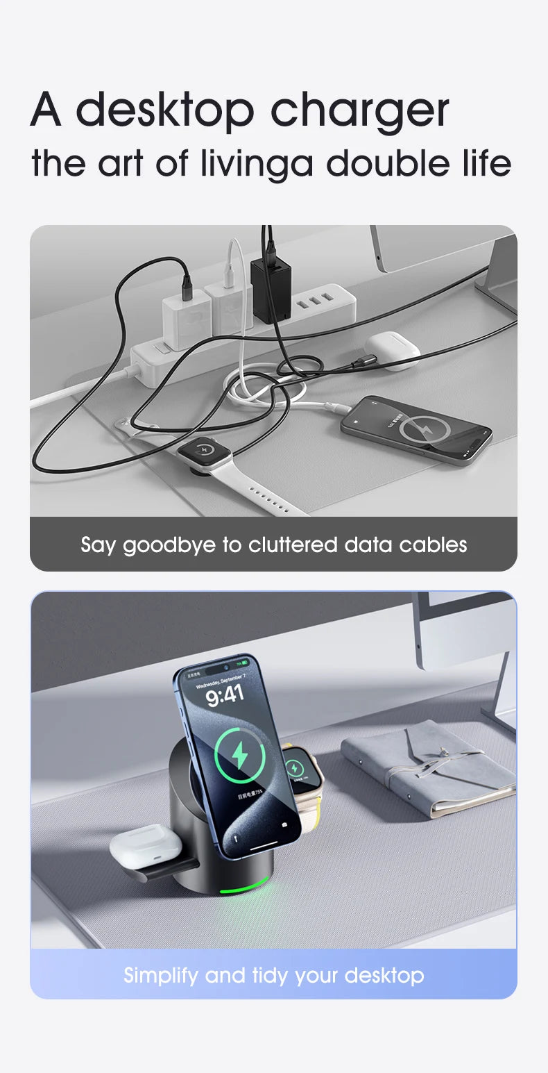 3 in 1 Wireless Charging Station for iPhone16/15/14/13/12 AirPods iWatch for Magsafe Rotation qi2 15W Fast Charging Station