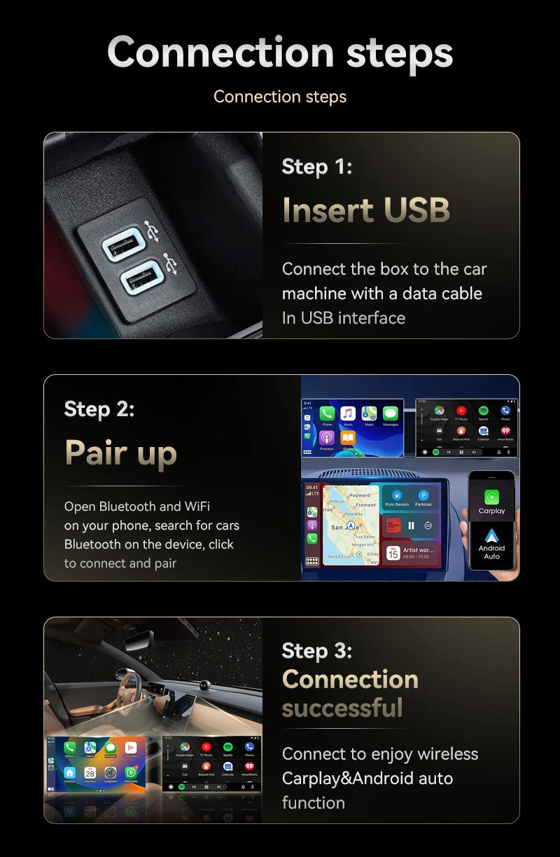 CarPlay wireless adapter wired to wireless CarPlay/Android Auto automatic plug and play, suitable for iPhone and Android