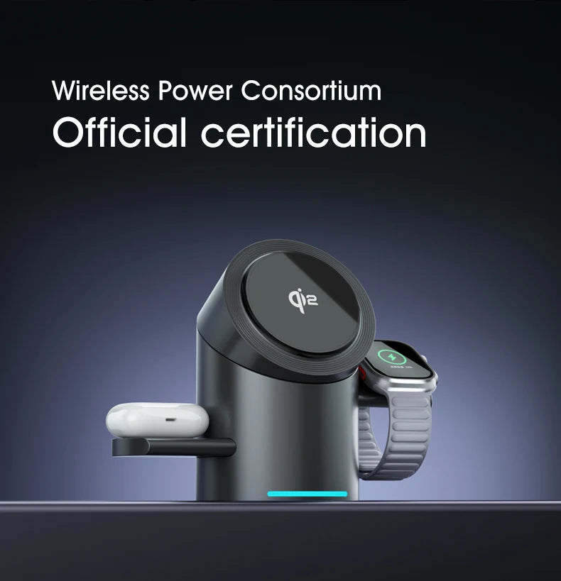 3 in 1 Wireless Charging Station for iPhone16/15/14/13/12 AirPods iWatch for Magsafe Rotation qi2 15W Fast Charging Station